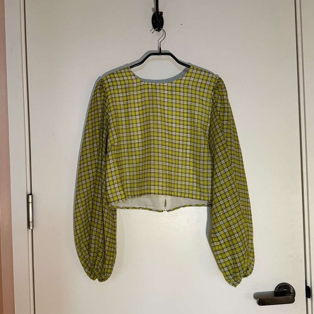 GANNI Yellow and Green Plaid Long Sleeve Top